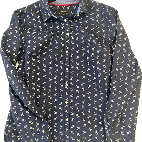 Talbots 12 blouse, Button-Down shirt, Navy Blue and White Anchors Nautical - Picture 2 of 7